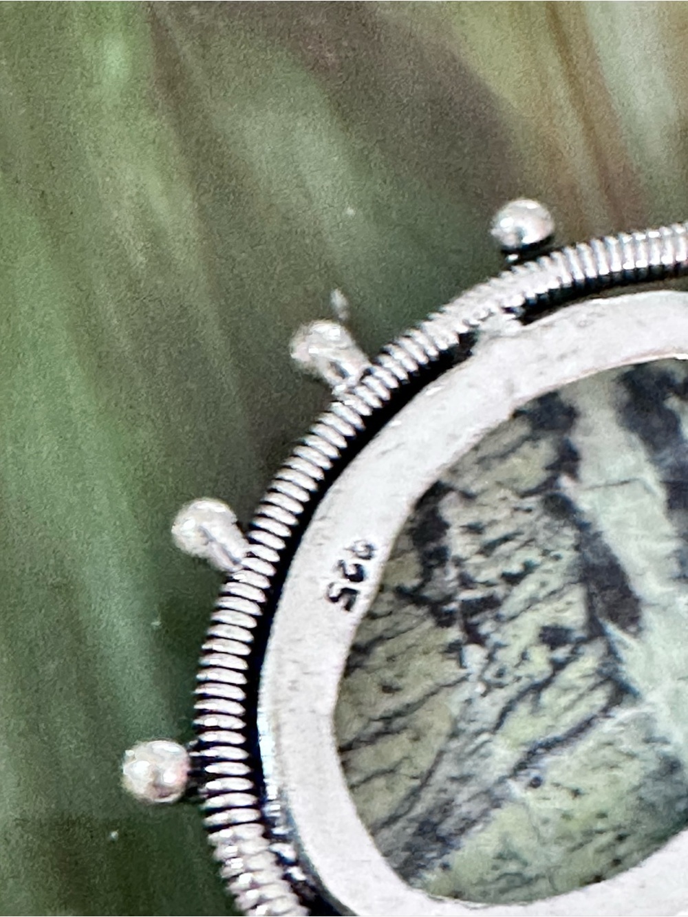 Artisan Silver Oval Green Dendritic Jasper Pendant Necklace with Rose Motif - Picture 8 of 13